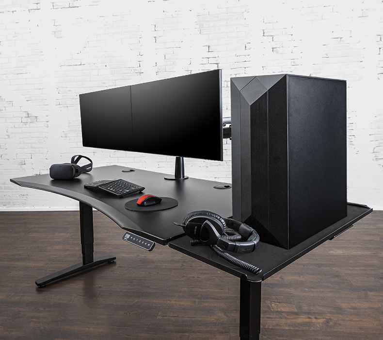 UPLIFT Gaming Desk with Black 60x30 Eco Desktop, Black V2 Frame, Zilker Dual Monitor Arm, and Desk Extension