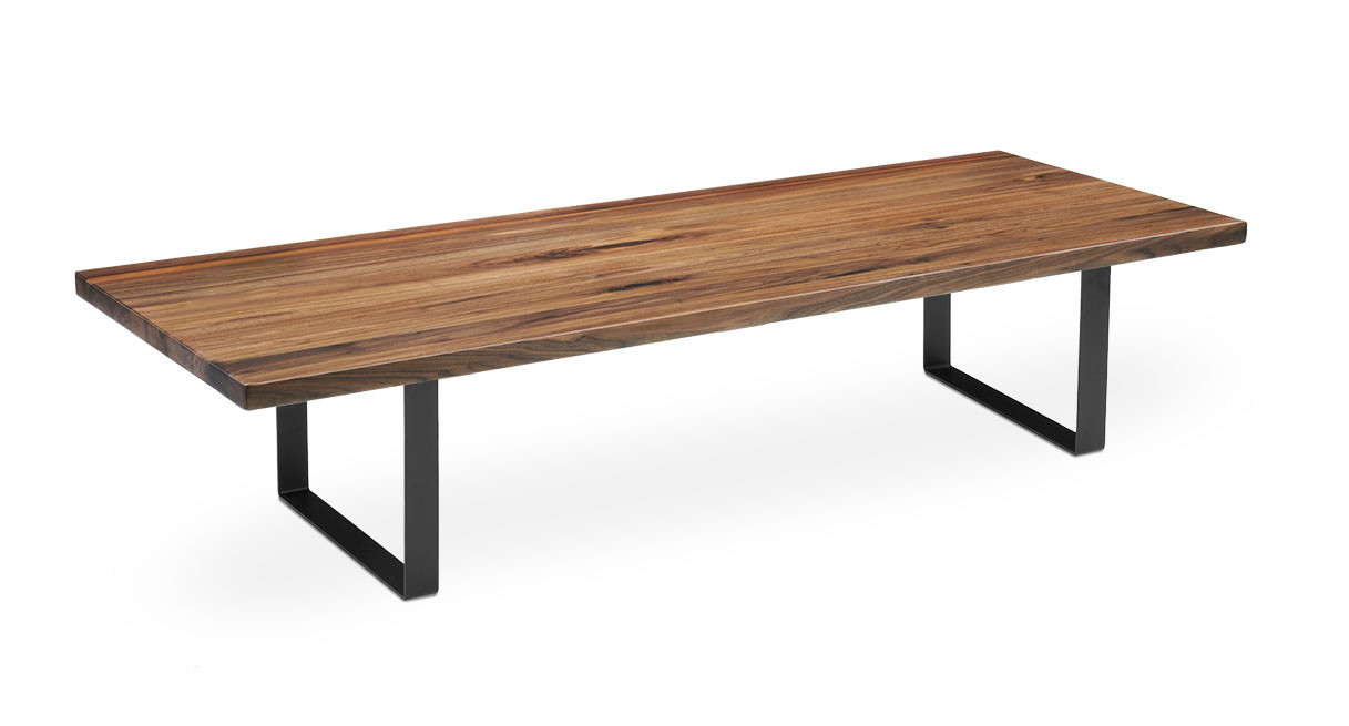 Long wooden coffee table with black metal legs