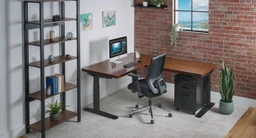 Color coordinate a Walnut L-Shaped desktop and black frame with matching UPLIFT Desk accessories