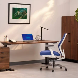 Cobalt colored Envoke with Walnut Laminate UPLIFT 2-Leg Standing Desk