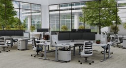 L-Shaped Desks with gray 2-Drawer and 3-Drawer File Cabinets