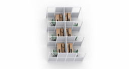 Dual-row Triple Cube Focus Spaces with white frames and split wall panels. 2-leg standing desks with 60” x 30” Birch Butcher Block desktops, Zilker Dual Monitor Arms, and Envoke Ergonomic Chairs in Sage green