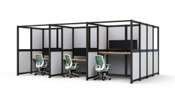 UPLIFT Spaces Focus Spaces configuration shown in a 3 x 3 pattern, with slate frame and split glass/acoustic PET panels in light gray. Desks shown with UPLIFT Desk bamboo desktop on a 2-leg standing desk, Zilker dual monitor arms, and Envoke ergonomic chairs in Sage green