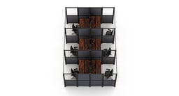 Dual-row Triple Cube Focus Spaces with slate frames and split wall panels. 2-leg standing desks with 60” x 30” Walnut laminate desktops, Zilker Dual Monitor Arms, and Intuition Ergonomic Chairs