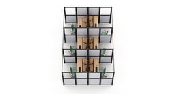 Dual-row Triple Cube Focus Spaces with slate frames and split wall panels. 2-leg standing desks with 60” x 30” bamboo desktops, Zilker Dual Monitor Arms, and Envoke Ergonomic Chairs in Sage green