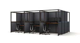 UPLIFT Spaces Focus Spaces configuration shown in a 3 x 3 pattern, with slate frame and split glass/acoustic PET panels in dark gray. Desks shown with UPLIFT Desk walnut laminate desktop on a 2-leg standing desk, Zilker dual monitor arms, and Intuition Ergonomic Chairs