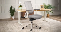 1.5" Rubberwood Butcher Block Solid Wood UPLIFT Standing Desk with Fog Clarksville Chair with Blade Chair Casters
