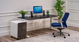 Modern home office featuring a file cabinet featuring gray laminate drawer fronts.