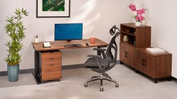 Modern office showcasing a full suite of UPLIFT Desk products, featuring the new drawer fronts for file cabinets