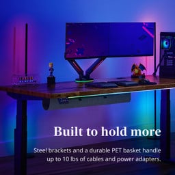 The FlexMount Cable Manager holds up to 10 lbs of cables and power adapters, using the steel brackets and durable PET basket handle