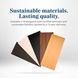 Sustainable materials. Lasting quality. Shelves available in Greenguard-Gold Certified laminates and sustainable bamboo, backed by a 15-year warranty