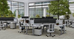 60" x 60" x 30" White Laminate L-Shaped Standing Desks with Vert Ergonomic Chair without headrest