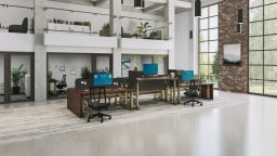 Delivers a cohesive finish across connected desks. Material shown: Figured Mahogany