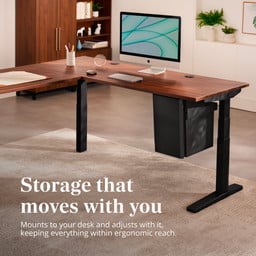 Deep Desk Drawer on an L-shaped desk, seamless matches with the black standing desk frame, and stays with you at any height