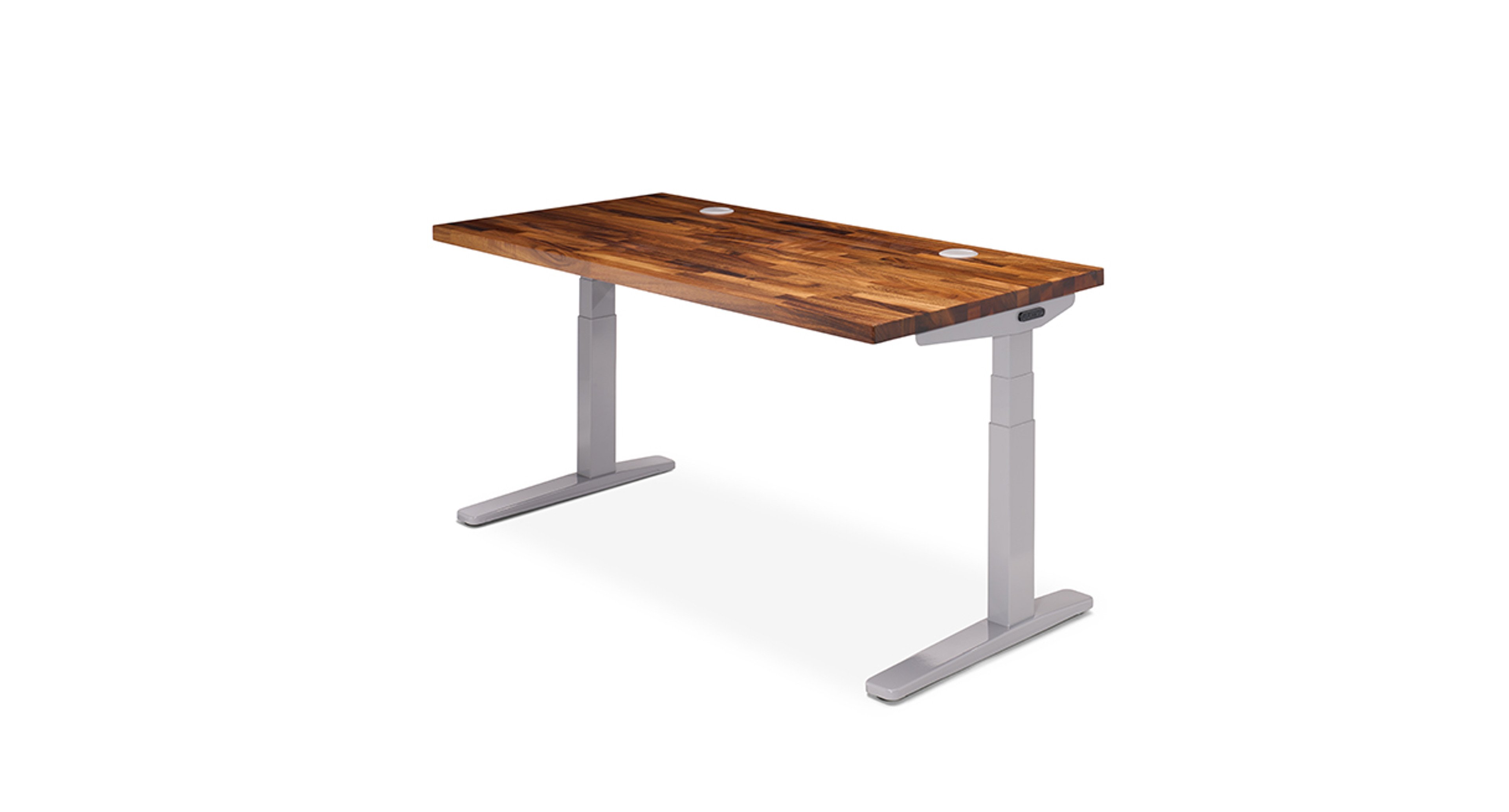 UPLIFT 2-Leg Standing Desk in Gray with a Saman Butcher Block desktop.
