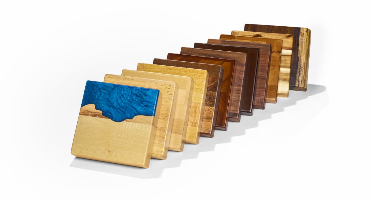 Samples are 7" x 7" squares, and the thickness of each matches the thickness of the actual desktop (1" to 1.75" thick)
