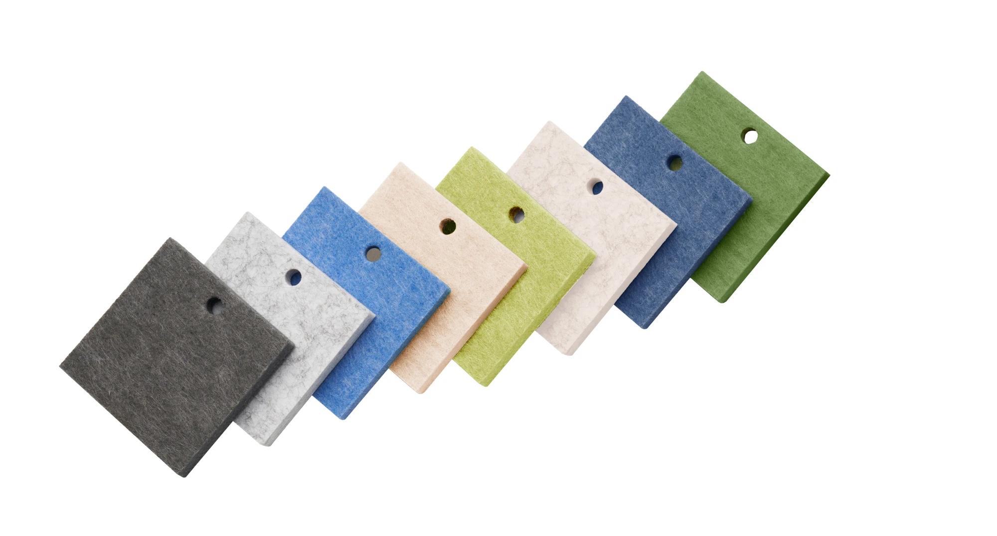 Acoustic panel color samples include Dark Gray, Light Gray, Blue Lagoon, Sand, Green, White, Dark Blue, and Eucalyptus