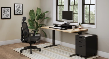 Lady Bird Standing Desk Converter in seated position with 60" x 30" Birch Butcher Block Solid Wood Seated Height 2-Leg Table