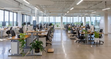 Bamboo UPLIFT Standing Desks in a Dual Sided Row Configuration with Bamboo Rocker-X Board