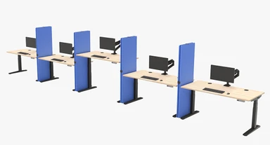 Individual workstations outfitted with UPLIFT Desk products divided by Freestanding Acoustic Privacy Panels in Lagoon Blue