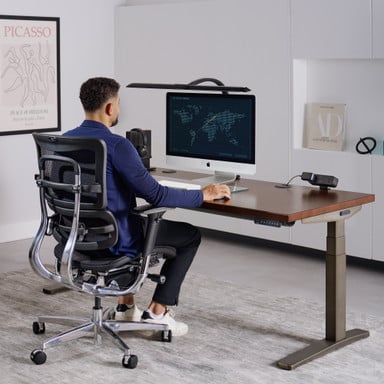 UPLIFT V3 Standing Desk with a Dark Rubberwood desktop and an Intuition Ergonomic Chair