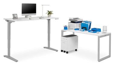 White Laminate Standing Desk with matching 48" x 24" Seated Height O-Leg Table