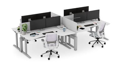 Group Curved Corner Standing Desks together in space-efficient office configurations with the Power & Data Rail