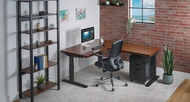 Color coordinate a Walnut L-Shaped desktop and black frame with matching UPLIFT Desk accessories