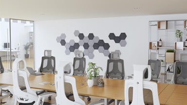 Two 108" x 60" Bamboo Height Adjustable Conference Tables with Hive Acoustic Panels