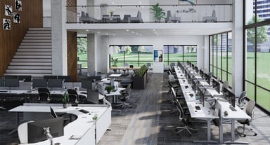 An open floorplan with Crestview Single and Dual Monitor Arms