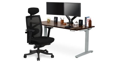 Crestview Dual Monitor Arm with 60x30" Walnut Solid Wood V2 Standing Desk
