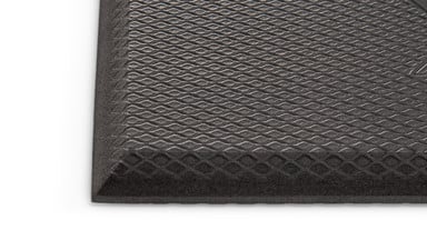 This anti-fatigue mat features beveled edges to prevent snagging and tripping  