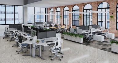 White Pursuit Chairs with White Laminate Standing Desks and a Height Adjustable Bamboo Conference Table