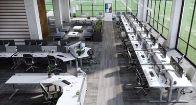 [On right] Power & Data Rail with White Laminate Standing Desks arranged in a Dual Sided Row configuration