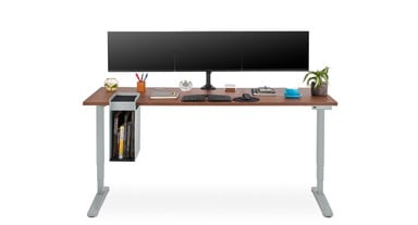 Moontower Triple Monitor Arm clamped to the back edge of an 80" x 30" Walnut Laminate V2 Standing Desk