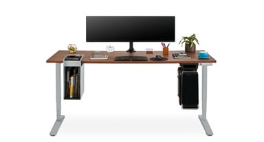 Moontower Dual Monitor Arm clamped to the back edge of an 80" x 30" Walnut Laminate V2 Standing Desk