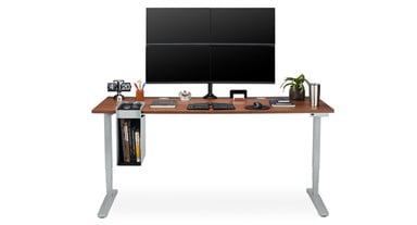 Moontower Quad Monitor Arm clamped to the back edge of an 80" x 30" Walnut Laminate V2 Standing Desk