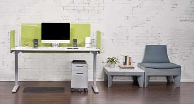 60" x 30" White Laminate Standing Desk with Soco Lounge Collection and Green Acoustic Panels