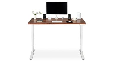 Enfield Single Monitor Arm mounted to  a 60" x 30" Walnut Solid Wood Standing Desk