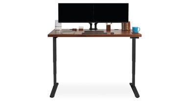 Enfield Dual Monitor Arm mounted to a 60" x 30" Walnut Solid Wood Standing Desk