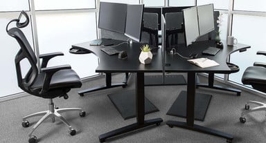 J3 Ergonomic Chairs with a 3-Pack configuration of UPLIFT 120-Degree Standing Desks