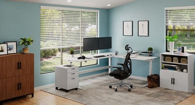 White Laminate L-Shaped V2-Commercial Standing Desk with J3 Chair