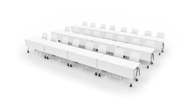 A Row Configuration with Flip Top Tables, Flex Chairs, and White Wire Management Modesty Panels