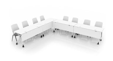 An L-Shape Configuration with Flip Top Tables, Flex Chairs, and White Wire Management Modesty Panels