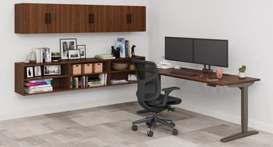 Walnut MoPac Overhead Cabinets and Open Cabinets with Walnut Laminate UPLIFT Standing Desk