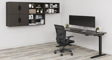 Ash Gray MoPac Overhead Cabinets and Shelves with matching Ash Gray Laminate UPLIFT Standing Desk