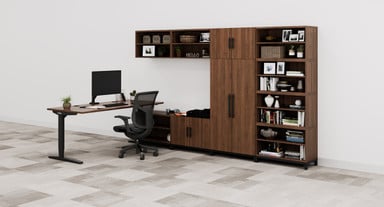 Walnut MoPac Storage Wall 4 configuration and matching Walnut Laminate UPLIFT Standing Desk