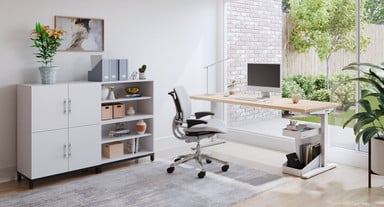 White Lotus Leather Humanscale Freedom Chair with 72" x 30" Custom Maple Solid Wood Standing Desk