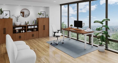 White Parchment Elmosoft Leather Steelcase Think Chair with 72" x 30" Walnut Solid Wood 4-Leg UPLIFT Standing Desk