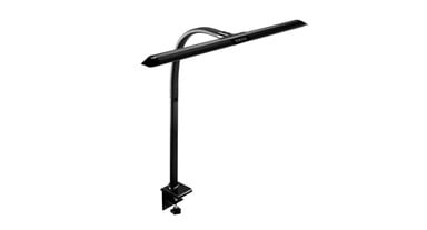 Steel desk clamp, anodized extruded aluminum base and head, and steel-reinforced, silicone rubber-encased flexible neck 